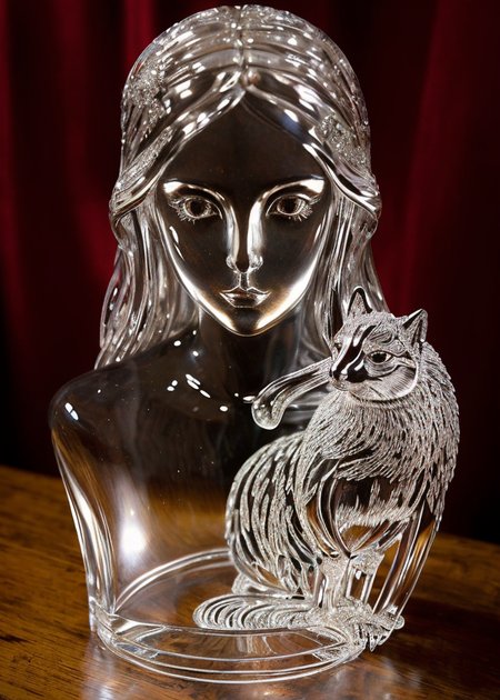 A beautiful and intricate portrait of glasssculpture, woman with a fantastical creature or animal companion, rendered in a detailed art style that mixes elements of realism and fantasy, done by artists such as Phil Koch and Joseph Christian Leyendecker.