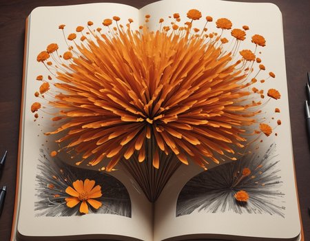 Abstract style (Digital Artwork:1.3) of (Sketch:1.3) <lora:Book_FFusion_32:1> a book with orange flowers on it, marigold celestial vibe, by Aleksander Gierymski, sergey zabelin, by Aleksander Kobzdej, by Aleksander Kotsis, jen bartel, by Andrée Ruellan, by Dietmar Damerau, by Josef Dande, trend on behance 3d art,CGSociety,ArtStation,(Abstract Art:1.3),(Surrealism Art:1.3),(Geometric Abstract Art:1.3) . Non-representational, colors and shapes, expression of feelings, imaginative, highly detailed