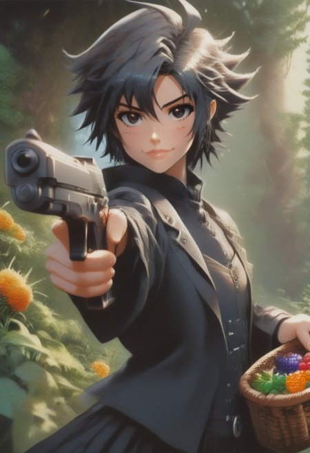 (zPDXL2), score_9, score_8_up, score_7_up, score_6_up, source_anime, <lora:Worldly_XL:1> volumetric lighting, warm colors, motion effects, best quality, wallpaper art, looking at viewer, woods, berries, flowers, insects
1girl, solo, 18 year old, (right pistol:1.5), Little Red Riding Hood on a path in the woods, (holding basket with berries in left arm:1.5), delicate and smooth skin, cleavage, shy smile, eyes open, low cut, 
<lora:KikuchiMakoto_pony_v1:0.9> kkcmkt, short hair, black hair, antenna hair, hair between eyes, black eyes, flat chest,  small breasts, <lora:plrd-pistol:1.20>
Expressiveh,  <lora:c0l0urc0r3XLP2:0.40> c0l0urc0r3, cute, bright colours, candy, <lora:RELSM_v1:0.90> <lora:[GP] somethingweirdv1 [Pony XL]:0.20>