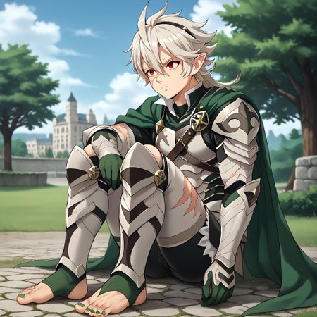 masterpiece, best quality, sharp aliasing, highly detailed, 1male, male body, male,EPfeCorrin, dark green cape, armour, dark green gloves, black pants, wearing pants, outdoors, evening, stone ground, tree, bush, buildings, windy, barefoot, toeless legwear, armoured legwear, armoured arms, shin armour, leg armour, leg and shin armour, shin guards, stirrup legwear, dark green stirrups, 5 toes, Quality, High Definition, Full body view, solo, slimes_sanemi, scar, scars, scar on face, scar on chest, scar on forehead, white hair, muscular, red eyes, slit eyes, pointy ears, sitting, green sword, green toenails, dirty feet, side view, grumpy expression