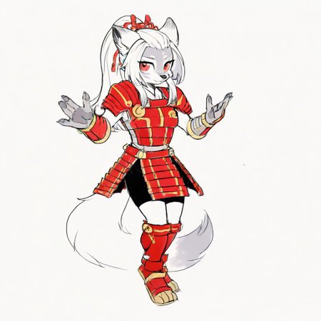 H4kur0,1girl,solo,furry,furry female,wolf girl,white hair,long sidelocks,bangs pinned back,ponytail,red eyes,snout,animal nose,body fur,two-tone fur,grey fur,white fur,wolf tail, red shoulder armor, red breastplate, white shirt, red armored gloves, black shorts, red armored skirt, red armored knee boots,