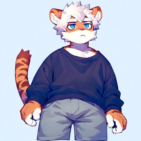 score_9_up, score_8_up, score_7_up, source_furry, atlyssstyle, low poly, milkytiger, tiger ears, tiger boy, white eyebrows, blue eyes, 1boy, solo, black sweater, gray shorts