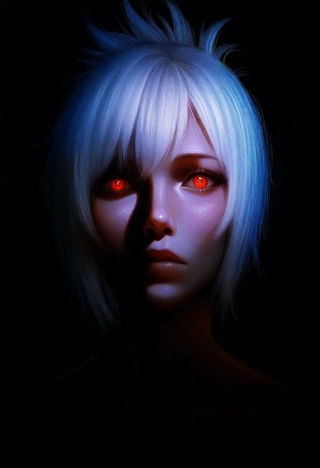 NN_R, riven, human, red eyes, white hair, short hair, folded ponytail, single white mark on left cheek, solo, dark, light, the light illuminates part of the face, masterpiece, best quality, very aesthetic, close up, 
horror, realistic, DnD_Grainyboyz, grainy, noise,