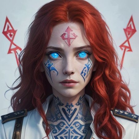 bright red hair, human female, (feminine:1.7), (beautiful face, detailed face:1.6), (beautiful eyes, detailed eyes:1.7), (looking at viewer, eye contact, intense:1.6), (long hair, red hair, curly hair:1.3), , ((masterpiece, best quality, high resolution, realistic, best quality,)), photo realistic, Perfect Face, (detailed face). <lora:GoodHands-vanilla:0.6> <lora:add-detail-xl:0.8>, mage, (Dress White military uniform coat), dagger, rune dagger, glowing runes, , (((glowing magic symbols tattoos, religious tattoos))), ((face tattoos)), glowing tattoos, stone tower in the background