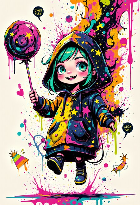 In an explosion of whimsy and vivid color, a tiny chibi girl dances through an abstract dreamscape. Her oversized hoodie is a tapestry of doodled hearts and stars that shimmer with iridescent huesâpurples clash with greens as blues blend into oranges in playful disorder. Her face exudes joy, eyes wide with mischief, while her lips curve into a mischievous grin.  She wields an enormous lollipop, its stick towering above her head, dripping paint instead of candyâa cascade of neon graffiti splattering the canvas around her. The drips form swirling shapes and patterns, creating a backdrop alive with electric energy.  Floating whimsical elements dance around her: floating crowns made from kaleidoscopic gems, lightning bolts arcing through the air in vibrant reds and yellows, and wild arrows that point haphazardly in every direction, their tips glowing like fireflies. Scribbled wordsââSWEET FURYâ and âLICK FASTââfloat nearby, each letter a different vivid color.  Her hair is an array of unexpected shadesâshocking turquoise one moment, radiant magenta the nextâblending seamlessly into her pastel skin tones and eyes that shift from emerald green to deep violet. The entire scene brims with high-quality details, every stroke a masterpiece of imagination, capturing a spirit of fun and chaos in a colorful, joyful explosion of creativity., WackhaosDaal ,