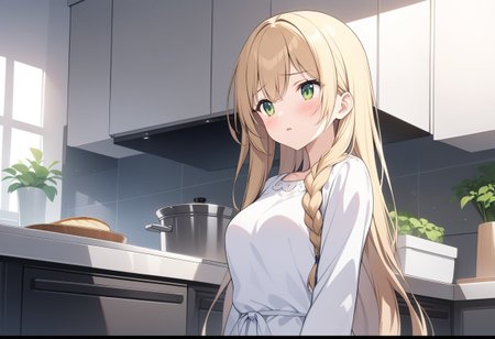 (extremely detailed CG unity 4k wallpaper),(masterpiece),(best quality),(ultra-detailed),(best illustration),(best shadow),(absurdres),(detailed background), (high res image), (High image quality),(Looking at the front),(looking at the audience),(Upper Body),
（A cute white dress,）
1girl, solo, 
A worried face,
long hair, Large breasts,
Braided long hair, blonde, Green eyes,
During the day,
He looks anxiously at the kitchen.