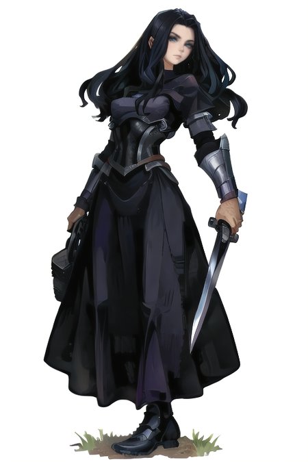 [inpainted faces] <lora:DragonsCrown-768:0.8>, woman standing, black hair, long hair,  (solo), (facing viewer), in armored, long loose dress, simple background, holding sword,