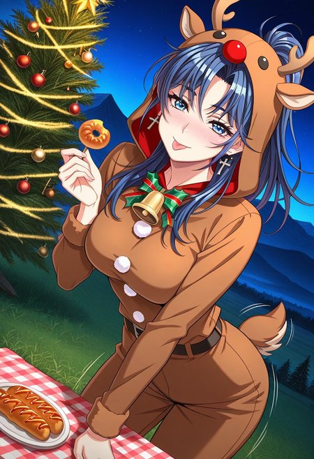 masterpiece, best quality, newest, highres, uncensored, 1girl, yokota mamoru style,1girl, slender face，motion lines,blush,torogao,looking at the viewer,seductive smile
Kouno Asami,Blue Hair, Curtained Hair, Long Hair, Ponytail, Spiky Bangs, Straight Hair,Blue Eyes,Medium Breasts, Slim, Cross Earrings
1girl,solo
<lora:reindeer-costume-ponyxl-lora-nochekaiser:1>, reindeer costume, animal costume, reindeer antlers, antlers, fake antlers, reindeer hood, christmas, red nose, deer ears, deer tail, christmas tree, bell, horns, reindeer,, blush, smile, tongue out, looking at viewer,, , dutch angle, cowboy shot,solo,1girl Picnic, outdoors, eating together, mountains, butterflies, trees, grass, distant views