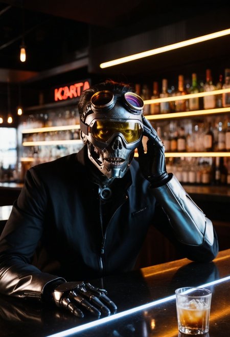 score_9, score_8_up, score_7_up, cyborg, ar3na1989, Kodak Motion Picture Film Style, alien long face, goggles, (neon gold light), bartender, (bokeh), sci-fi, dark atmosphere, moody, dark hair, aesthetic,