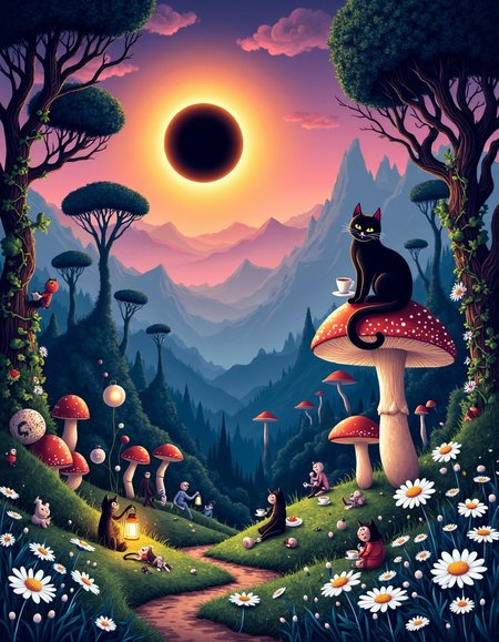 A surreal, intricately detailed landscape in a contemporary illustration style, where small, lively creatures scurry about in a dynamic valley. These tiny creatures have vivid personalities, some carrying tiny lanterns, others chatting or playing among the winding paths of the valley. Larger, enigmatic beings, whose shapes blur into the surrounding whimsical plant life, sit leisurely atop towering, oversized mushrooms or under the shade of surreal trees, sipping tea from impossibly delicate cups. Their silhouettes seem to blend into the flora, their forms partially obscured by vines and flowering branches, giving them a mystical, otherworldly presence.
Above, a magnificent solar eclipse dominates the sky, casting a mystical, ethereal light over the entire scene. The eclipse bathes the valley in a rich, contrasting glowâdeep purples and blues merging with soft golds and pinksâcreating long, dramatic shadows and illuminating the larger beings in a surreal, almost celestial light. The sunâs corona creates a halo effect, making the landscape feel both dreamlike and slightly eerie.
In the midst of this enchanted scene, an oversized cat with a knowing, Cheshire-like smile lounges on a patch of soft, glowing moss. Its fur is sleek and dark, catching the light from the eclipse in a way that gives it a slightly shimmering appearance, further contributing to the fantastical ambiance.
Throughout the valley, delicate daisies bloom in clusters, their soft white petals gently glowing under the transformative light of the eclipse. Exquisitely detailed semlor are scattered among the plant life, their intricate textures and golden hues standing out vividly against the surreal backdrop, as if they were plucked from a dream.
The color palette is rich and vibrant, with deep, contrasting huesâsaturated greens and blues from the valleyâs flora, blending with the warm, magical tones of the eclipse light. The surreal landscape pulses with life and fantasy, creating an otherworldly atmosphere where every detail feels alive and infused with magic., flat chest