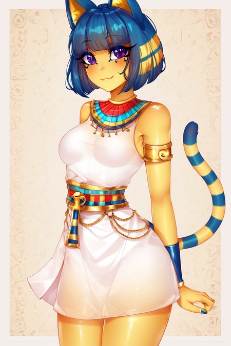 score_9, score_8_up, score_8, medium breasts, (curvy), cute, eyelashes,       BREAK, , BREAK, zzEgyptian, animal crossing, animal ears, zzAnkha, armlet, backlighting, bare shoulders, belt, blonde hair, blue hair, blunt bangs, blunt ends, bob cut, cat ears, cat girl, cat tail, closed mouth, cropped, daniel deng, dark skin, dress, eye of horus, eyelashes, eyes visible through hair, facial tattoo, humanization, purple eyes, shiny skin, short hair, slit pupils, tattoo, usekh collar, white dress , <lora:Egyptian_PDXL:0.8>,, <lora:Puppypaww_Style_PDXL_v2:1.0>, , BREAK,  smile, looking at viewer, cowboy shot,  embedding:zPDXL, Expressiveh, <lora:SDXLFaeTastic2400:0.5>,  <lora:Expressive_H-000001:0.4>,