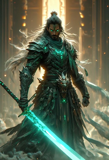 minimalism style, WLOP art style, a character worrior with  long ghostblade in hand,  eye light, sharpness, dragon behind, cinematic foootage, (full body), intricate details,8k post production, faithful, Religious denomination,colorful cinematic, dark green red white blue gold fire tone