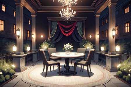 highly insanely detailed, masterpiece, top quality, best quality, highres, 4k, 8k, RAW photo, (very aesthetic, beautiful and aesthetic),  
(code_style,codestyle),(sympattern,geometric pattern),vignette,vibrant, 
<lora:CodeStyle (half generic class)_564920:0.7>, 
(1girl:1.3), 1other, 
(elegant High chair) made of fabric material, green color, minimalist style, modular, swivel base, distressed finish, woven details, located in a luxurious outdoor patio, with high-end furniture, elegant decor, sophisticated style, rich fabrics, at night,white and red background,âââ