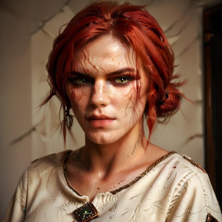score_9, score_8_up, score_7_up, concept art, realistic,
female focus, solo focus, solo,
masterpiece, best quality, newest, absurdres, highres, WitcherToxin-V1.1,  veins, veiny, Heavytoxin, black eyes,
1girl, triss merigold, 1girl, solo, red hair, freckles, green eyes, hair bun,