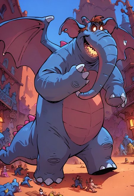 (score_9 | score_8_up | score_7_up) ((masterpiece:1))(best quality,very high quality,ultra detailed:1.2) (2D,cartoon style,anime style)(Smooth:2)(clean blurring) (four fingers on each hand,one thumb on each hand:1), 
Abu elephant, elephant, solo, brown hair, black eyes, trunk, trunk nose, elephant trunk, elephant ears, wearing a blue dragon costume, Dragon costume, giant, monster, final form, sharp teeth, claws, spikes, horn, wings, tail, glowing, glowing eyes, full body