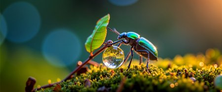 ultra-high-resolution, 8k, 4k, bokeh-macro, ultra-high-resolution nature photography, macro close-up with cinematic softness and shallow depth of field, a jewel-toned beetle with six legs and two antennae, clinging delicately to a moss-covered stem after rainfall, a single large spherical droplet of water hanging from a fallen leaf like a crystal orb, the droplet refracting a miniature inverted reflection of the mossy forest floor, soft velvet moss surrounds the stem, textured and luminous, background fades into a gentle bokeh of pastel forest greens, soft sky blues, and subtle amber light, blurred tree shapes suggesting a deep woodland environment, the beetle is in razor-sharp focus, highlighting the intricate iridescence of its shell with shimmering hues of emerald, sapphire, and violet, the water droplet acts as a natural lens and focal feature, shot at an angle slightly above the beetle, as if observing from a hovering insectâs perspective, evoking intimacy and fragility, lighting is morning haze filtered through dew-heavy branches, casting warm, diffused light across the scene, sunbeams scatter faint halos and glints across the water droplet and beetleâs shell, photographed with a professional macro lens in golden hour lighting, extremely short depth of field with strong foreground detail and cinematic atmospheric blur, ovg, photograph, <lora:bokeh_and_macro-flux-by_marielle:0.8>