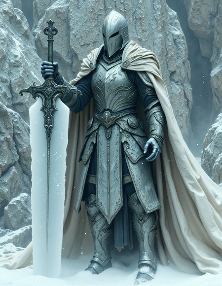 Large, imposing figure clad in weathered, silver-grey plate armor.  Full body, standing posture, holding a large, translucent, ice-like sword. Armor shows intricate details, slight signs of wear and damage.  The figure's face is obscured by the helmet, creating a sense of mystery.  A flowing, white cape drapes from the shoulders, billowing around the figure.  The rocky terrain, a mix of light and dark grays and off-whites, serves as a backdrop. The rocks and ground are covered in a layer of fine snow giving a cold, desolate atmosphere.  Pale, diffused lighting suggests an overcast day.  The focus is on a grand scale, emphasizing the armor's imposing form and the sword.  High contrast between the stark white of the ice-sword and surrounding elements creates a dramatic scene, HKMagic, <lora:FantasyWizardWitchesFluxV2-000001:0.7>, <lora:Dever_Flux_Enhancer:0.4>, <lora:flux.1_lora_flyway_Epic-detail_v2:0.4>, <lora:Elden_Ring_-_Yoshitaka_Amano:0.4>