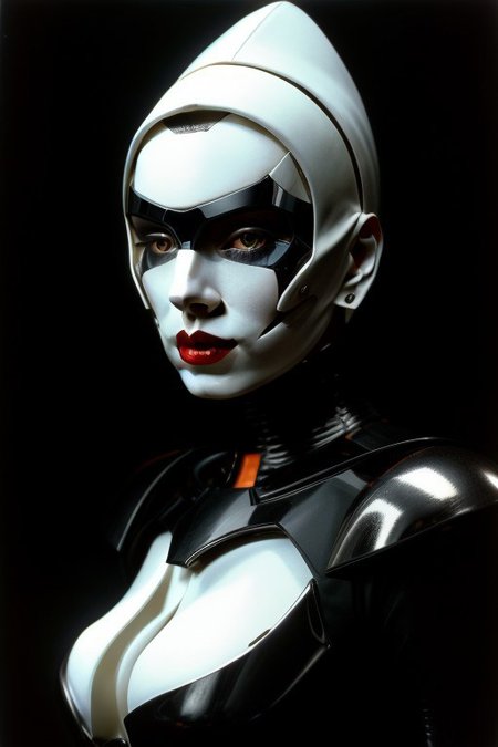 (very beautiful) cyborg woman, 30 years old, (beautiful:1.75), (very pale skin:1.35), (gothic makeup:0.99), (Red Lipstick:1), (anime:0.35), (oval face:0.25), (top model), (((body parts are made of metal))), metal mask, (Halloween), (night), (noir) (front view:1.25), (elegant), 10 minutes before the world will end, (back light),  hyper-realistic, (ultra-detailed:1), (insanely detailed:1), 4k, (realistic), 8k, shot on portra 400, (((masterpiece))), (perfect composition:1.55), (best quality), (HD), (style of Leonardo Da Vinci:0.10), style of Caravaggio, (Perfect hand), Hand, (detailed hand)