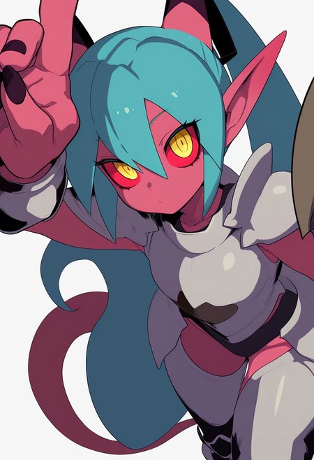 masterpiece, best quality, very aesthetic, high resolution, ultra-detailed, absurdres, newest, extremely detailed eyes, beautiful, perfect lighting, hi res, amazing quality, very awa, COLIG_ST, tail, female focus, horns, 1girl, yellow eyes, red skin, colored sclera, simple background, looking at viewer, fingernails, armor, pointy ears, no humans, white background, long hair, hatsune miku, armor