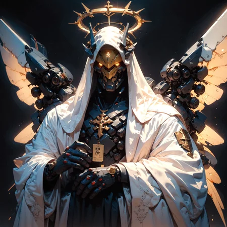 score_9, score_8_up, score_7_up,  embedding:zPDXL, 1man, 3 others, hands out, unholy, priest, mecha wings, award winning, looking at viewer, no humans, glowing, halo, robot, black background, mecha, glowing eyes, science fiction, robe, humanoid robot   <lora:pony/twilight_style:0.8> <lora:pony/expressiveh:0.8> expressiveh, <lora:pony/BioPunky:0.8>