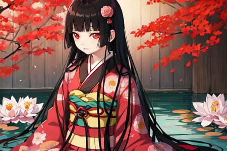 enma_ai 1girl, solo, hair down, hair black, bangs hair, eyes red, kimono, underlayer kimono, ornamental hairpun, obi sas, night, village, (masterpiece), 1girl, living in a floating house, pond, flowers on pond, beautiful scenery <lora:iori1:1>