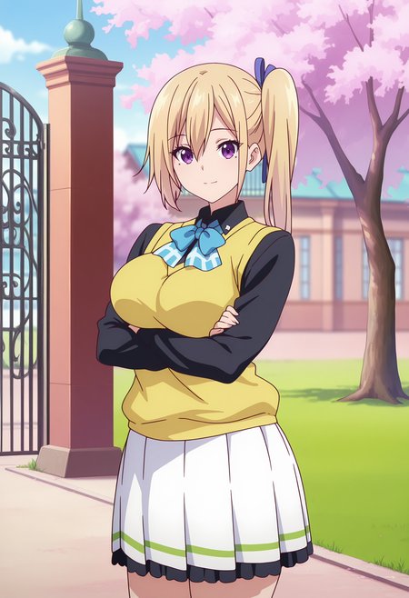 anime screencap, masterpiece, best quality,
<lora:MusaigenNoPhantomWorld_KawakamiMai_IlluXL:0.9>,
1girl, solo, closed mouth, light smile,
side ponytail, long hair, hair between eyes, blonde hair, purple eyes, mole under eye, hair ribbon, blue ribbon,
sweater vest, yellow vest, collared shirt, black shirt, blue bowtie, long sleeves, pleated skirt, frilled skirt, white skirt,
crossed arms, breast hold, standing, looking at viewer, cowboy shot, thighs,
building, cherry blossoms, gate, grass, day, blurry background
