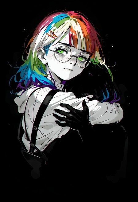 score_9, score_8_up, score_7_up, score_6_up, score_5_up,  th3d4rk, darkness, shadow, 1girl, monochrome, hug, safety, comfort, vulnerable 
BREAK 
Mycelia, ((rainbow colored hair:1.3)), candy hairclip, round glasses, green eyes, lidded eyes, freckles, petite, vivid color, looking lovingly at shadow