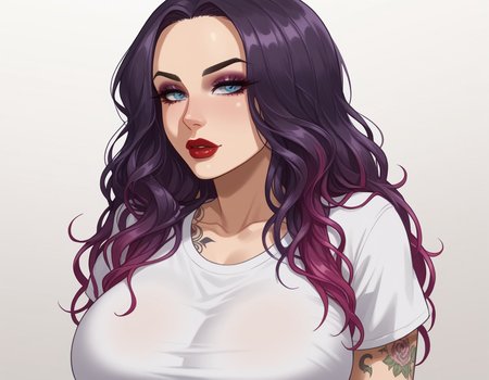 hud_prplw1g2, 1girl, solo, large breasts, tattoo, long wavy multicolored hair, makeup, lipstick, upper body, shirt, portrait, <lora:prplhair:0.8>