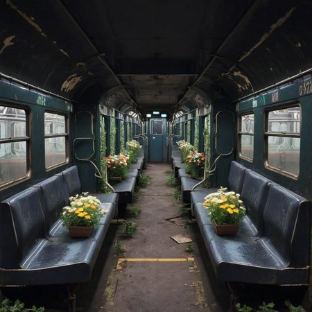empty old abandoned dark metro train with potted flowers<lora:Metro:1>