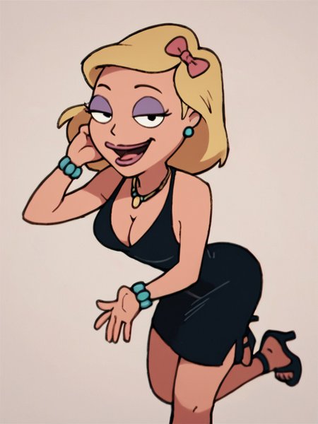 becky, 1girl, blonde hair, solo, breasts, cleavage, black dress, earrings, makeup, hair bow, necklace, high heels, medium breasts, open mouth, smile, bracelet, lipstick,looking at viewer, smile, naughty face,club  score_9, score_8_up, score_7_up, score_6_up <lora:BeckyPony1.0:0.8>