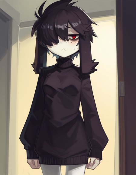 score_9, score_8_up, score_7_up, score_6_up, score_5_up, score_4_up, 1girl, solo,
<lora:CAD_v1:0.8> cad, black sweater, turtleneck sweater, white pantyhose, black skirt, looking at viewer,, <lora:Furfrou_v2:0.8> furfrou, (dog ears, dog tail, dog girl), black fur, pale skin, red eyes, jitome, bags under eyes, small breasts, freckles, hair over one eye, body freckles, half-closed eyes, tall female, skinny, very tall, lanky,