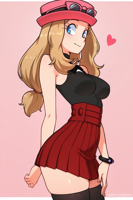 masterpiece, best quality, 1girl, solo, beautiful eyes, zzSerena, solo, long hair, blue eyes, eyewear on headwear, pink headwear, eyelashes, sleeveless shirt, black shirt, bracelet, high-waist skirt, red skirt, black thighhighs,  <lora:SerenaPokemonIXL_v2:1.0>,   <lora:TobiaswhellerIXL:1.0>, upper body, side view, smile, looking at viewer, shiny skin,