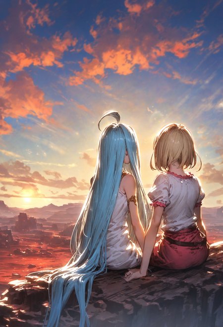 best quality, aesthetic,,
blue sky, cloudy sky, cloud, sunlight, lens flare, ruin, landscape, red land, red sand,
2girls, yuri, sitting on a rock, from behind,
djeeta \(granblue fantasy\), medium breasts, blonde hair,
lyria \(granblue fantasy\), very long hair, blue hair, small breasts, skinny, (ahoge:0.7),
<lora:JitaRuri-XL:1> jitaruri, (sketch:0.5),