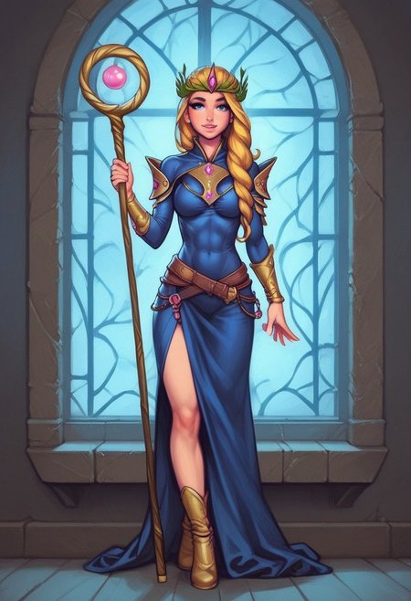 1girl, (((front view))), from front, solo, illustration, comic style, highly detailed, skinny, model body, looking at viewer, masterpiece, best quality, 1girl, masterpiece, best quality, fayenchantress, 1girl, solo, blonde hair, long hair, blue eyes, (young beauty, fit body:1.3), ((((magic shining orb in staff right hand, dagger in left hand)))), ((((magic clothes))))
<lora:FayEnchantress:0.9>
BREAK 
(((dark magic Observatory inside, night sky in window:1.6)))) score_9, score_8_up, score_7_up, score_6_up, source_cartoon, rating_explicit, Expressiveh, ((((full body))))), dynamic pose, dynamic pose