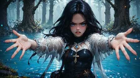 score_9, score_8_up, score_7_up, rating_safe, high res image, masterpiece, best quality, photo-enhanced,max detail, 4k wallpaper, masterpiece, highres, dnd, cleric, d&d,
1girl, solo, black hair, long hair, small breasts, blue eyes, burst eyes, bright eyes, clear skin, shiny hair, ultra detailed eyes,, black corset, leather satchel, white transparent robe, wet, hair, wet, water to waist, view from front, looking up, view from above,  (reaching:1.5), rain, moss covered trees, hug, 
(standing in water:2), (disgusted face:1.5), rage,  open mouth, cold eyes, closing eyes, full body, focus on face, raised arms, dark, nighttime, black forest, glowing water, supped hands, holding rosery, 
<lora:Expressive_H:1> <lora:princess_xl_v2:1> <lora:Vixons Pomy Styles Gothic Neon:.45> <lora:HKStyle_V3:1>  <lora:disgusted_face_xl_goofy:1>  <lora:Rain (pony) v1:1> <lora:Fant5yP0ny:1> <lora:rage_r1:.5>
