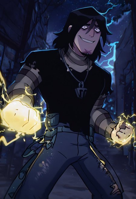 masterpiece, best quality, amazing quality, very aesthetic, absurdres, newest,
kevinov, black hair, bags under eyes, long hair, black eyes, necklace, goatee, layered sleeves, black shirt, long sleeves, short over long sleeves, torn clothes, striped sleeves, jeans, overall belt, 
dynamic pose, electricity hands, constricted pupils, insane smile, rtx, night time, glowing electricity, blue electricity, yellow electricity, punching,