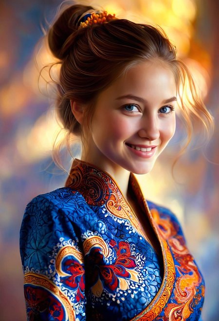 A hyper-realistic portrait of a young woman, focusing on her upper body, adorned in a vibrant batik-inspired outfit with intricate, swirling patterns of indigo, crimson, and gold, softly illuminated by warm, natural light, with a shallow depth of field, blurring the background to emphasize her gentle, enigmatic smile, in the style of digital painting with delicate, textured brushstrokes.