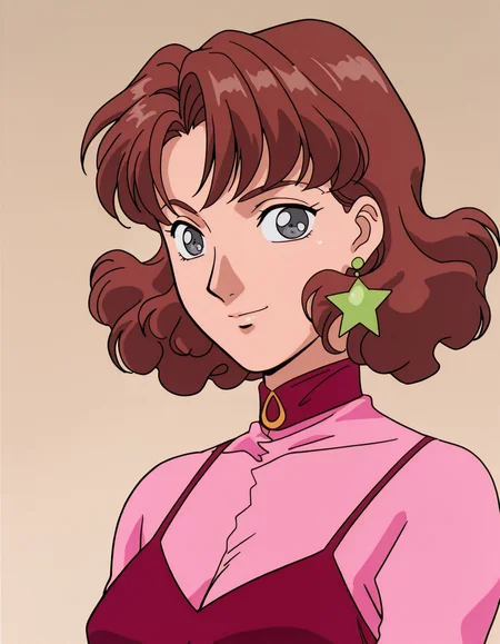 <lora:CatherineBIllustrious1.1JLFO:1> catherine, 1girl, brown hair, 1990s, retro artstyle, solo, pink shirt, short hair, breasts, red camisole, looking at viewer, grey eyes, choker, jewelry, earrings,smile, simple background,