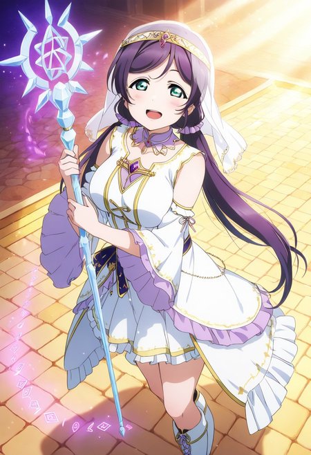 masterpiece, best quality, solo, 1girl, aged up, happy, large breasts, 
 nozomi_toujou, toujou_nozomi, purple hair, green eyes, long hair, twintails, low twintails, scrunchie, fantasy priestess idol costume, white and lavender robes, glowing runes, crystal staff, sheer veil, floating temple stage in the clouds, radiant light beams from above, elegant chant-like pose, mystical and powerful aura