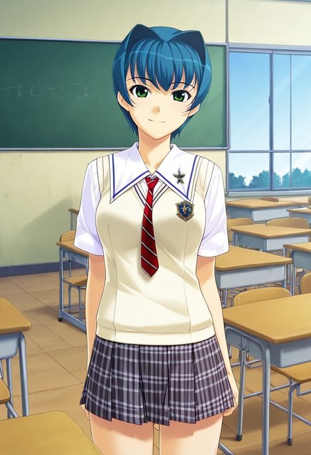 score_9,score_8_up,score_7_up,source_anime,5_figner,game cg,BREAK,1girl,solo,
Yuzuki Minami,
short hair,blue hair,Intake,green eyes,
school uniform,sweater vest,plaid skirt,shirt,necktie,
smile,cowboy shot,standing,front view,looking at viewer,
school,class room,desk,chair,blackboard,window,
masterpiece,best qualit,ultra-detailed,illustration,an extremely delicate and beautiful,beautiful detailed eyes,unity 8k wallpaper,high resolution,official_art,