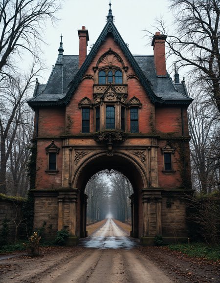 A grand, Victorian-style mansion gatehouse, featuring a tall, steeply sloped roof covered in dark slate tiles. The arched entrance is adorned with ornate stone carvings, including detailed floral patterns and grotesque faces. The building is made of a mix of red brick and weathered stone, giving it a timeless and slightly eerie appearance. Large windows framed by stone moldings offer a glimpse of dimly lit interiors. The pathway leading through the arch is a gravel road, disappearing into a long tree-lined avenue, with bare, gnarled branches stretching out on both sides. The scene is set on a cloudy day, creating a somber, gothic atmosphere. The surrounding trees are leafless, and the air feels cold and quiet, hinting at a mysterious story behind the estate. aidmaHyperrealism <lora:aidmaHyperrealismv0.3:0.6>  <lora:Sinfully_Stylish_.02_for_FLUX:0.6> in the style of Jed-clrfl <lora:flux-colourful:0.3>  <lora:FluxDFaeTasticDetails:0.6>