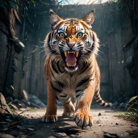 massive tiger cat attacking camera, realistic photo, <lora:LCM_LoRA_Weights:0.65>, high quality,  SimplePositiveXLv2, masterpiece, best quality, unreal engine, 8k, 4k, extremely clear, ultra detailed, cinematic film still, shallow depth of field, vignette, highly detailed, Hollywood movie