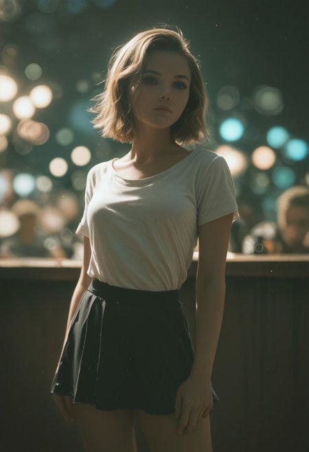 score_9, score_8_up, score_7_up, BREAK, (shallow depth of field:1.4), Chiaroscuro Lighting Style, partially covered in shadow, epiCPhoto, 1girl, shameless pose, crowded bar, dim light, (lens flare:.4), (cinematic bokeh:1.6), blond tips, bob hair, western, raise her skirt