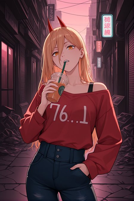 beautiful detailed eyes, masterpiece, best quality, intricate details, absurdres, 1girl, solo,
<lora:P-IL-Power:1>, p0w3r, blonde hair, pink hair, long hair, hair between eyes, yellow eyes, cross-shaped pupils, red horns, demon horns, sharp teeth,
761, red shirt, long sleeves, tight jeans, off shoulder shirt, text on clothes, 
small breasts, parted lips, looking at viewer,
standing, hip tilt, posing sexy, one hand in pocket, 
holding a cup of bubbletea, drinking_straw, straw in mouth, 
grungy urban alley, neon street lights, flickering signs, scattered trash, cracked pavement, distant city skyline, twilight sky, chaotic atmosphere, chainsaw man aesthetic