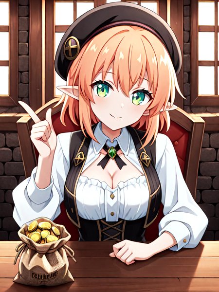 absurdres, explicit, gold coin, burlap bag, bag on table, upper body, 1girl, cleavage, breasts, vest, shirt, jewelry, guild interior, stone wall, indoors, pointy ears, beret, index finger raised, hand up, <lora:coinbag_ilxl:1>