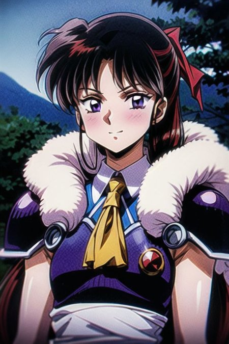 best quality 1girl Setsun4 solo long hair,  (night time) forest background black hair very long hair purple eyes multicolored hair armor, small, (fur trim) (medium body),<lora:EMS-179-EMS:0.800000>,<lora:EMS-293862-EMS:0.800000> bow, hair_bow, hair_tubes, red_bow, brown_hair, long_hair, bangs, ascot, frilled_bow, yellow_ascot, blush, smile, hair_between_eyes, athletic, armor, miko,  Smiling, happy,