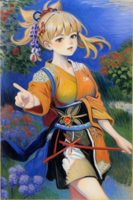 <lora:Style ClaudeMonetPainting v3:1.0> masterpiece, best quality, traditional media, impressionism, oil painting

1girl, confident expression, playful, (excited:0.8), yoimiya \(genshin impact\) <lora:Character Yoimiya hardpruned:1> orange kimono, blonde, medium breasts, dynamic pose