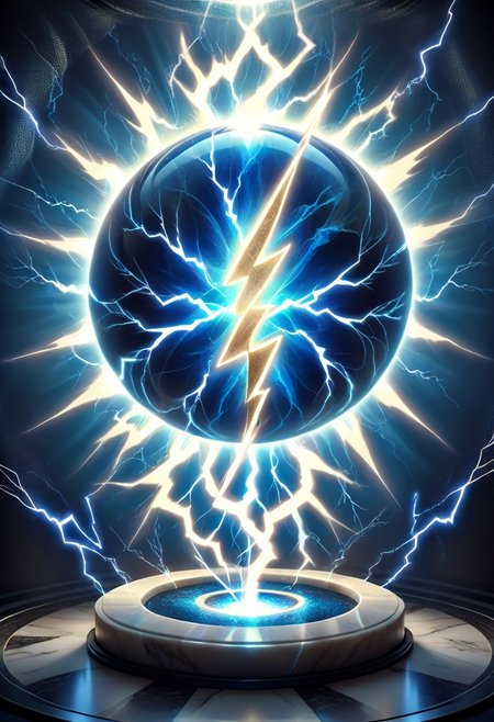 glowinglora, masterpiece, best quality, detailed illustration, (brighten the front:1.0), a large beautiful transparent marble, (electric blue lightning symbol (contained inside) the marble:1.3), glowing with power from within