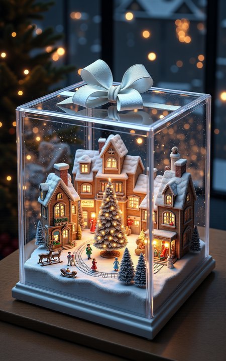 A luxurious transparent gift box containing a fantastical Christmas town scene. The miniature town includes quaint cottages with snowy rooftops, a cobblestone plaza centered around a brightly lit Christmas tree, and children playing in the snow. Delicate details such as frosted windows, reindeer figurines pulling sleighs, and colorful stockings hung on chimneys make the scene lively. The box is illuminated from within, casting soft light through its crystal-clear walls, with subtle reflections adding depth to the enchanting holiday display. <lora:aidmaMJ6.1v0.4:0.6> aidmaMJ6.1