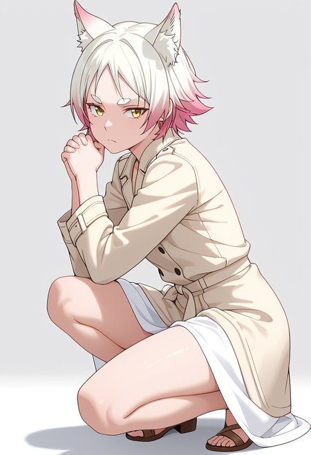 Smooth Quality,masterpiece,very intricate, high quality details, ultra realistic, high detailed skin,detailed enviorement,absurdres,
simple background, white background,solo,
crouching pose, hands clasped, one foot forward, intense gaze, ready-to-move posture,  ,from side,disappointed,frown, 
blazer, ,trench coat, ,sarong skirt,  , 
 <lora:Momiji_cnn:0.8> momijicnn,1girl, wolf ears, yellow eyes, white hair, pink hair, short hair, gradient hair, thick eyebrows,